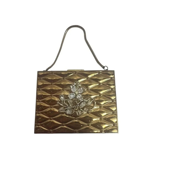 1950’s Double Sided Evan’s Metal Cosmetic Compact Gold tone Clutch With Handle - Picture 2 of 15
